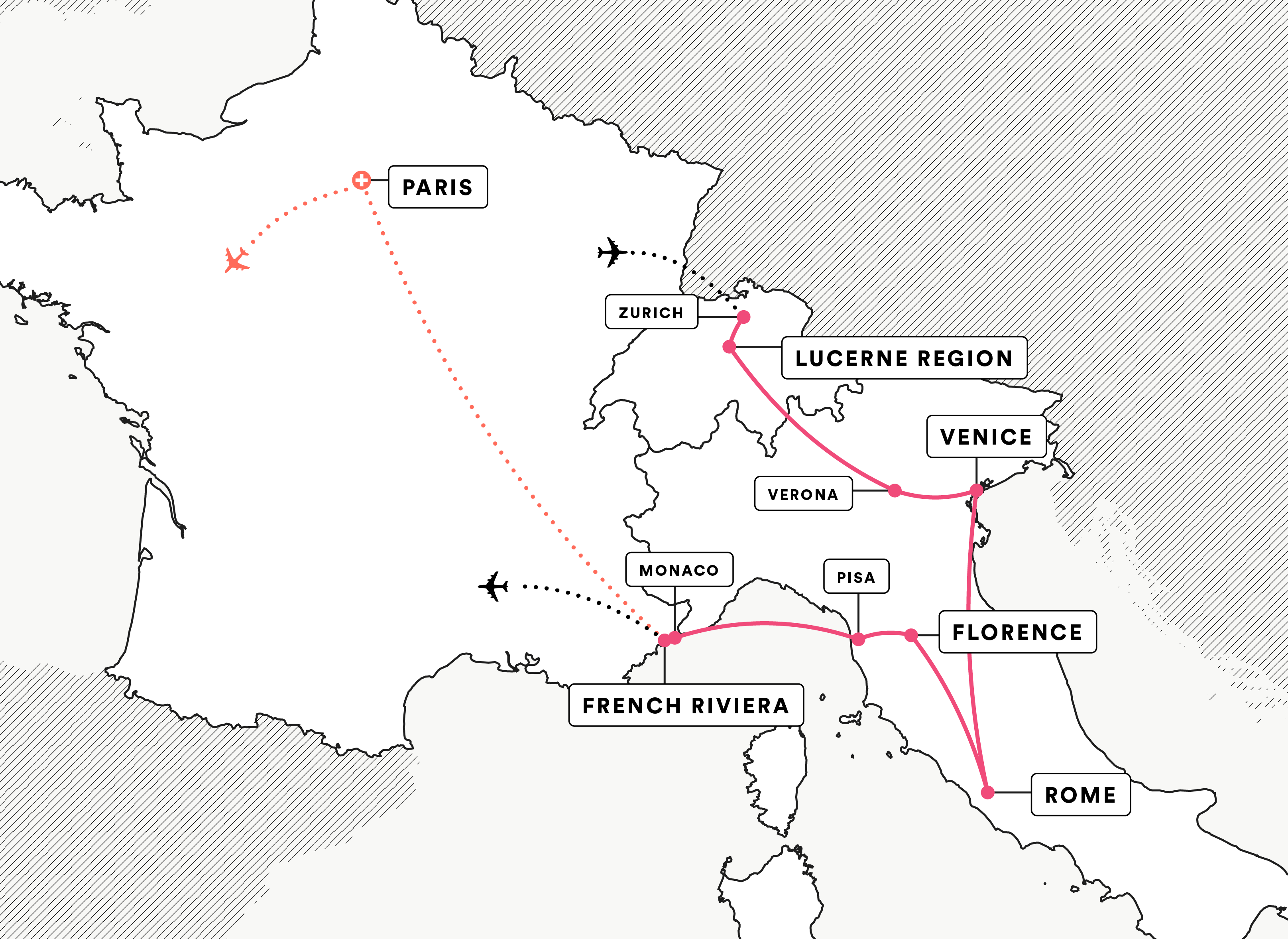 Switzerland, Italy and France route map
