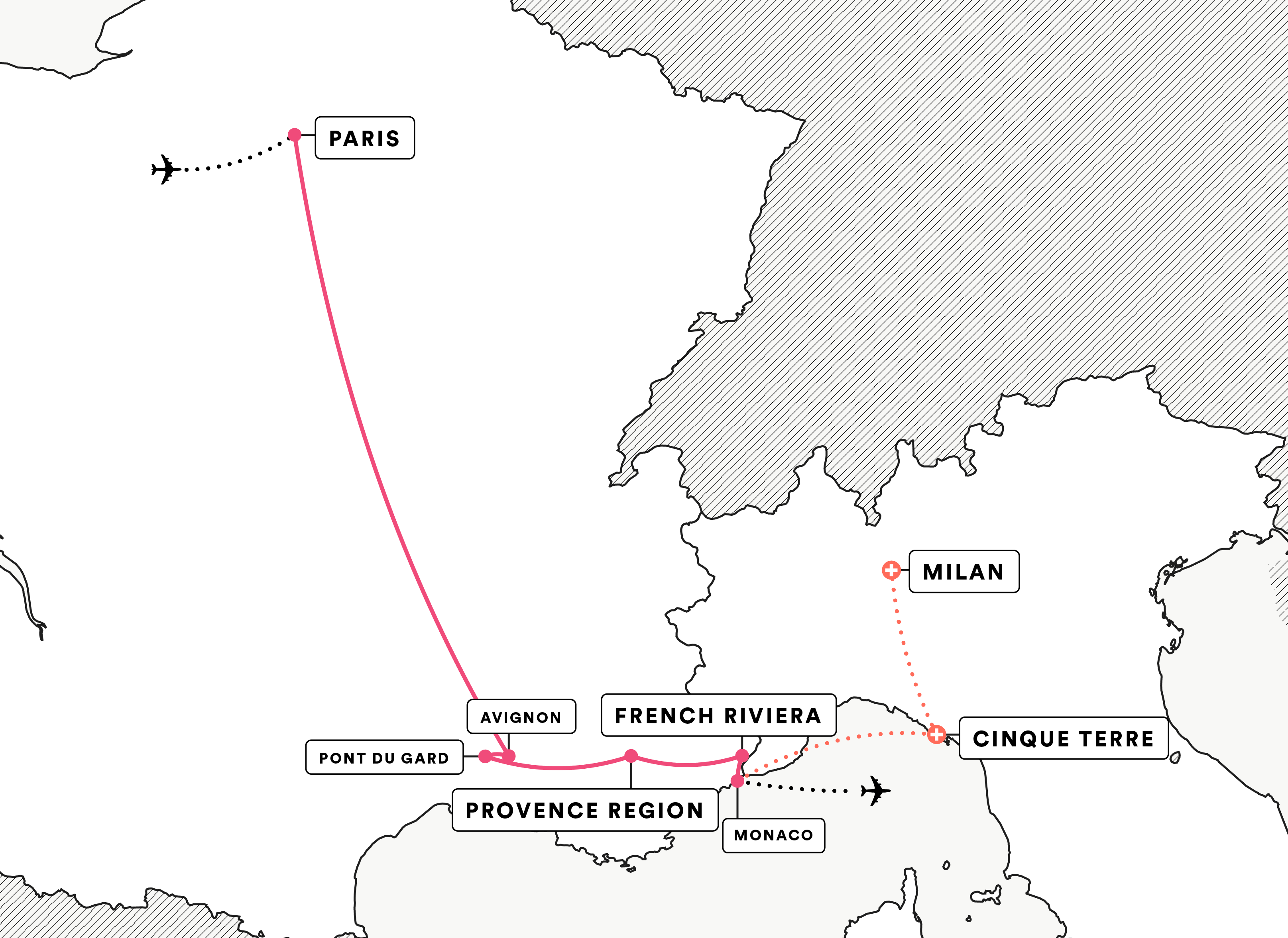 Paris and the Riviera route map