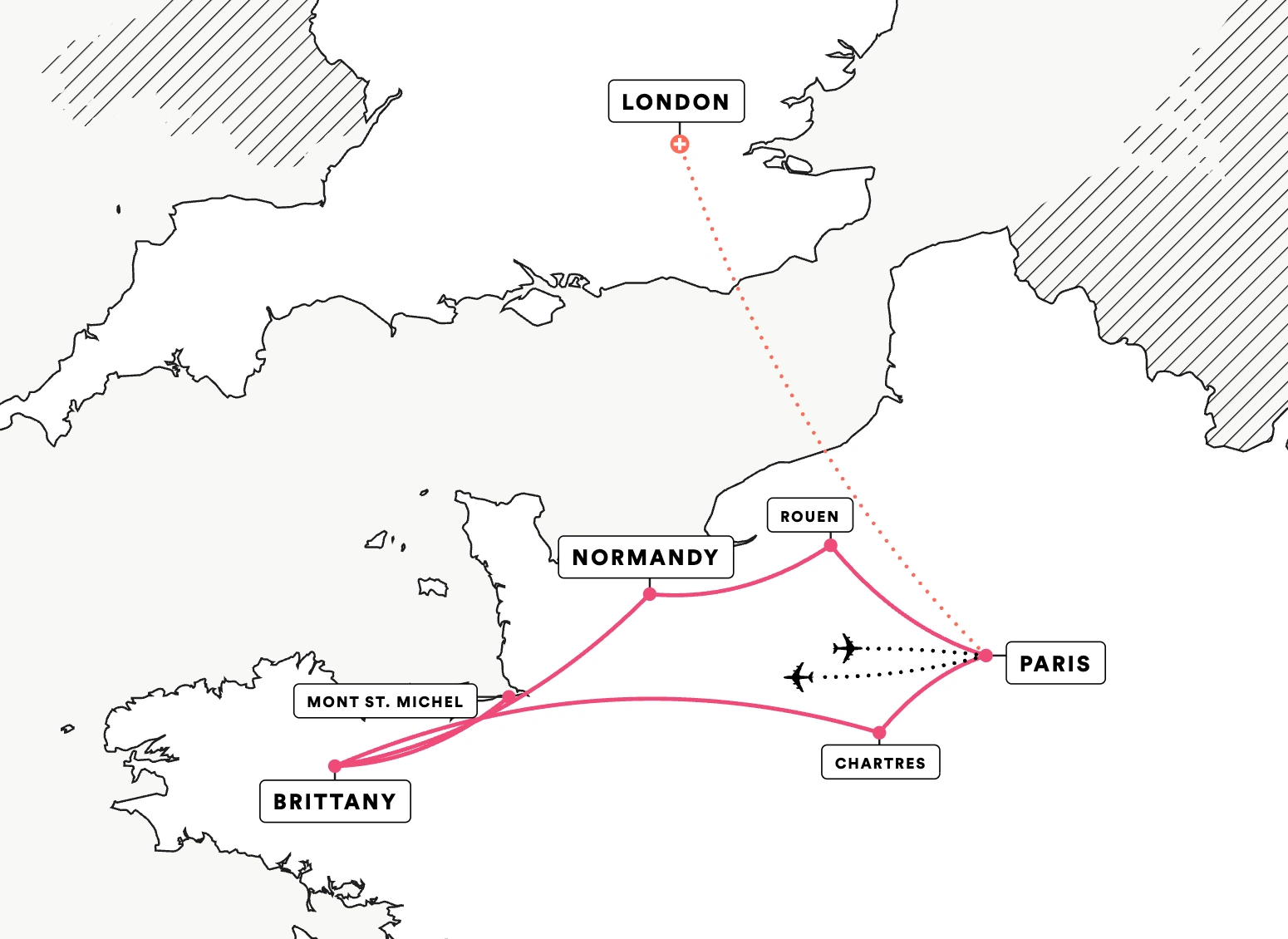 Paris, Normandy & Brittany route map