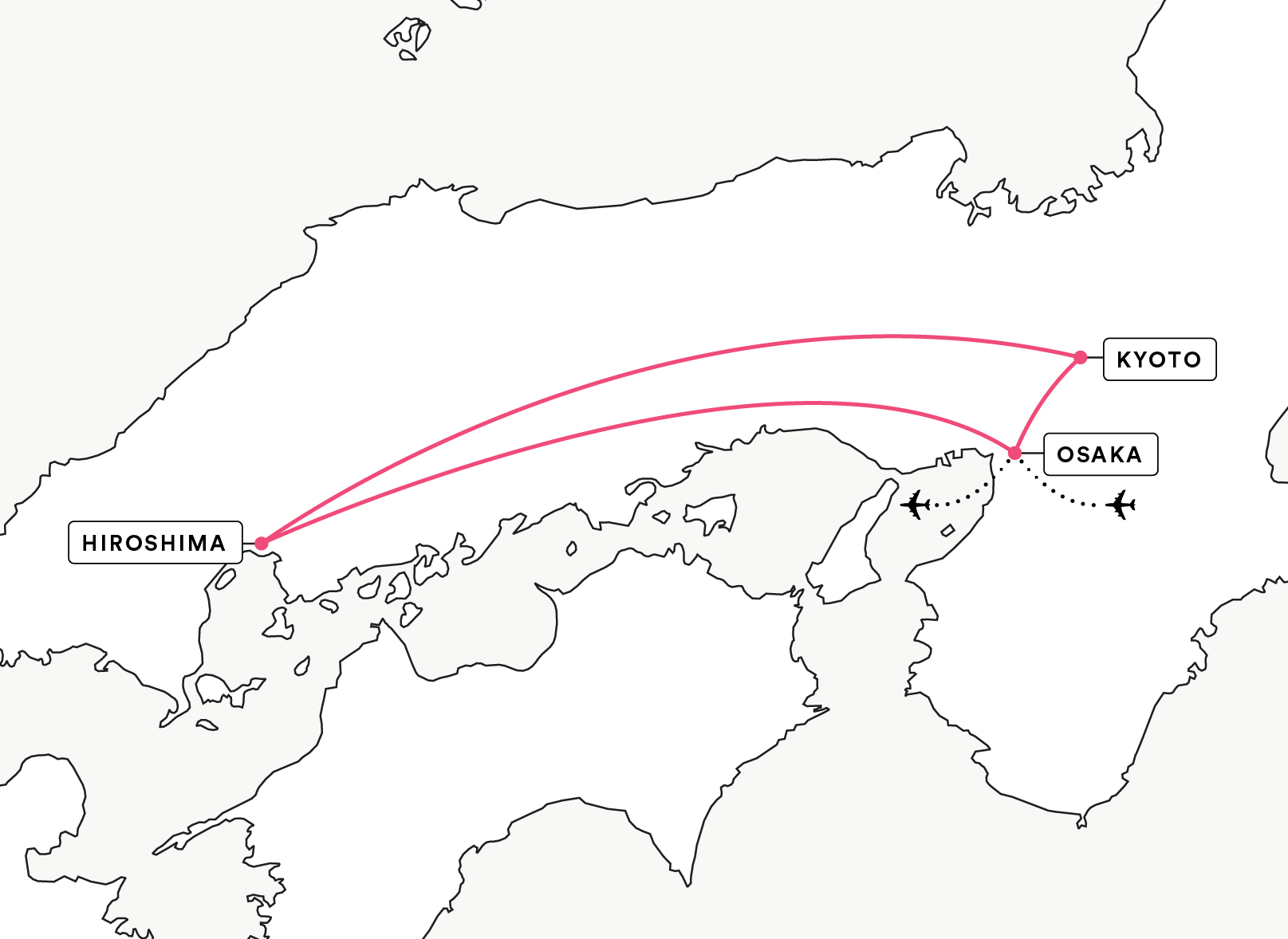 route map for Hiroshima Kyoto Osaka summit tour