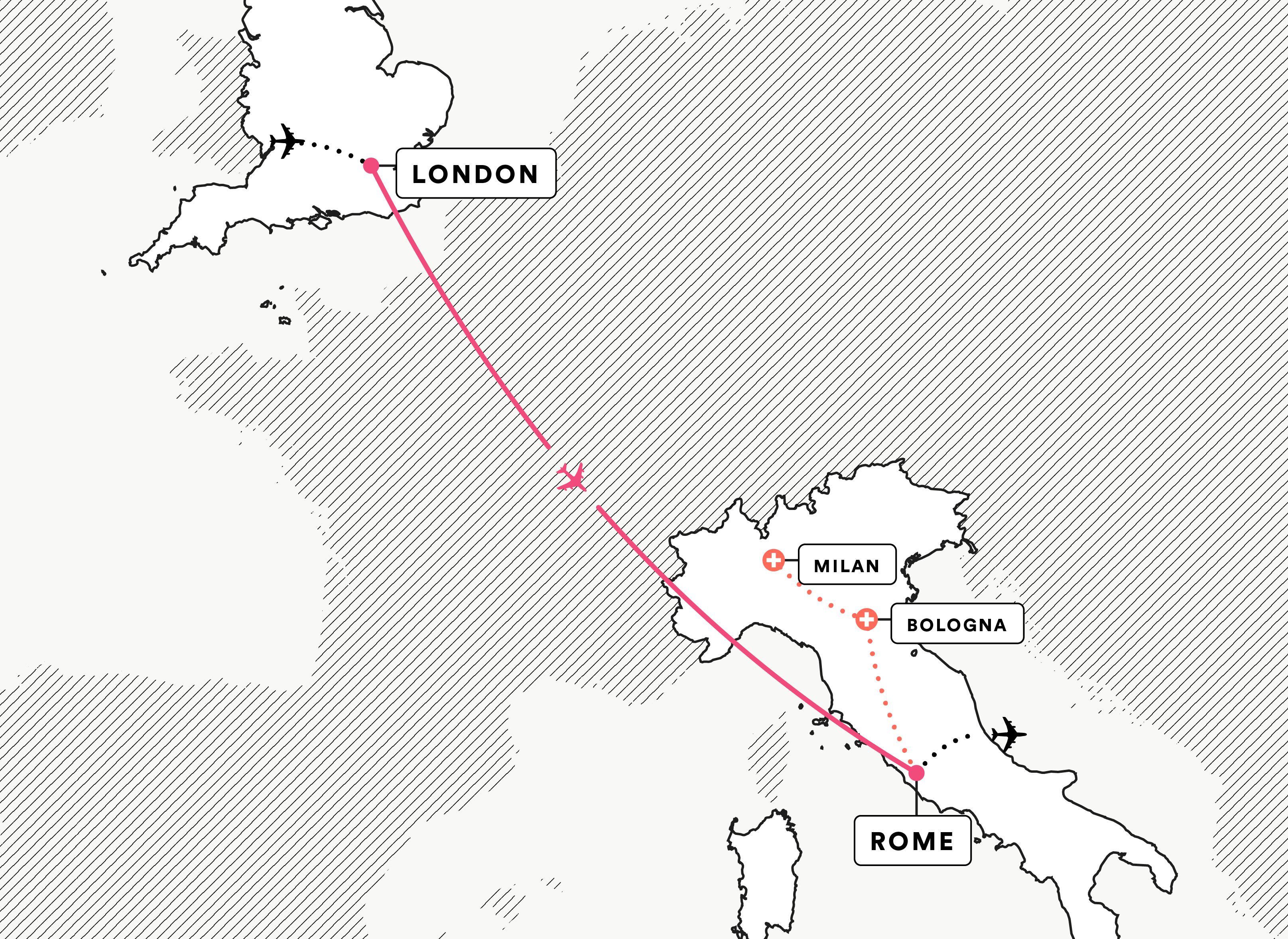 London and Rome route map