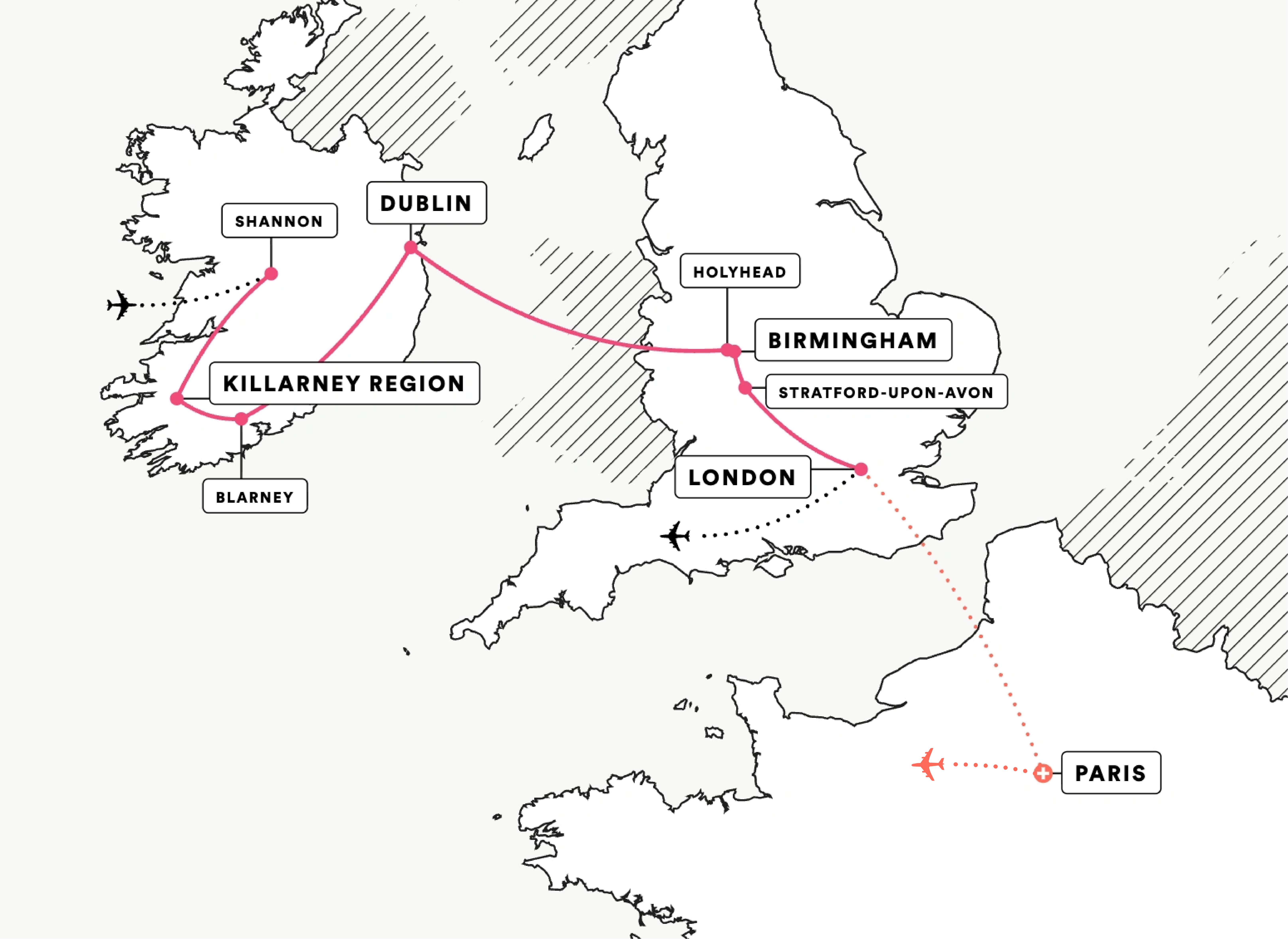 Ireland and England route map