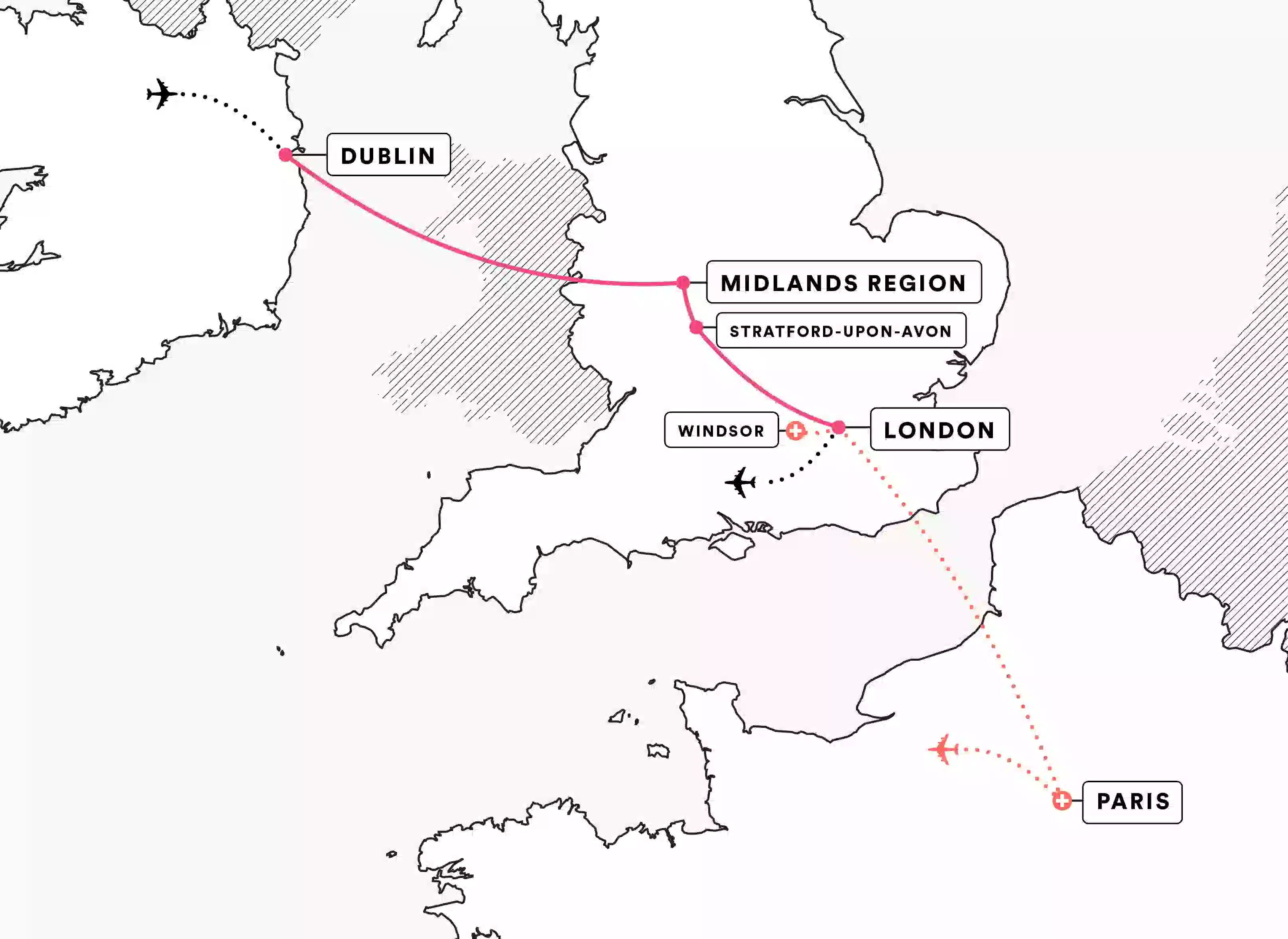 Dublin and London route map