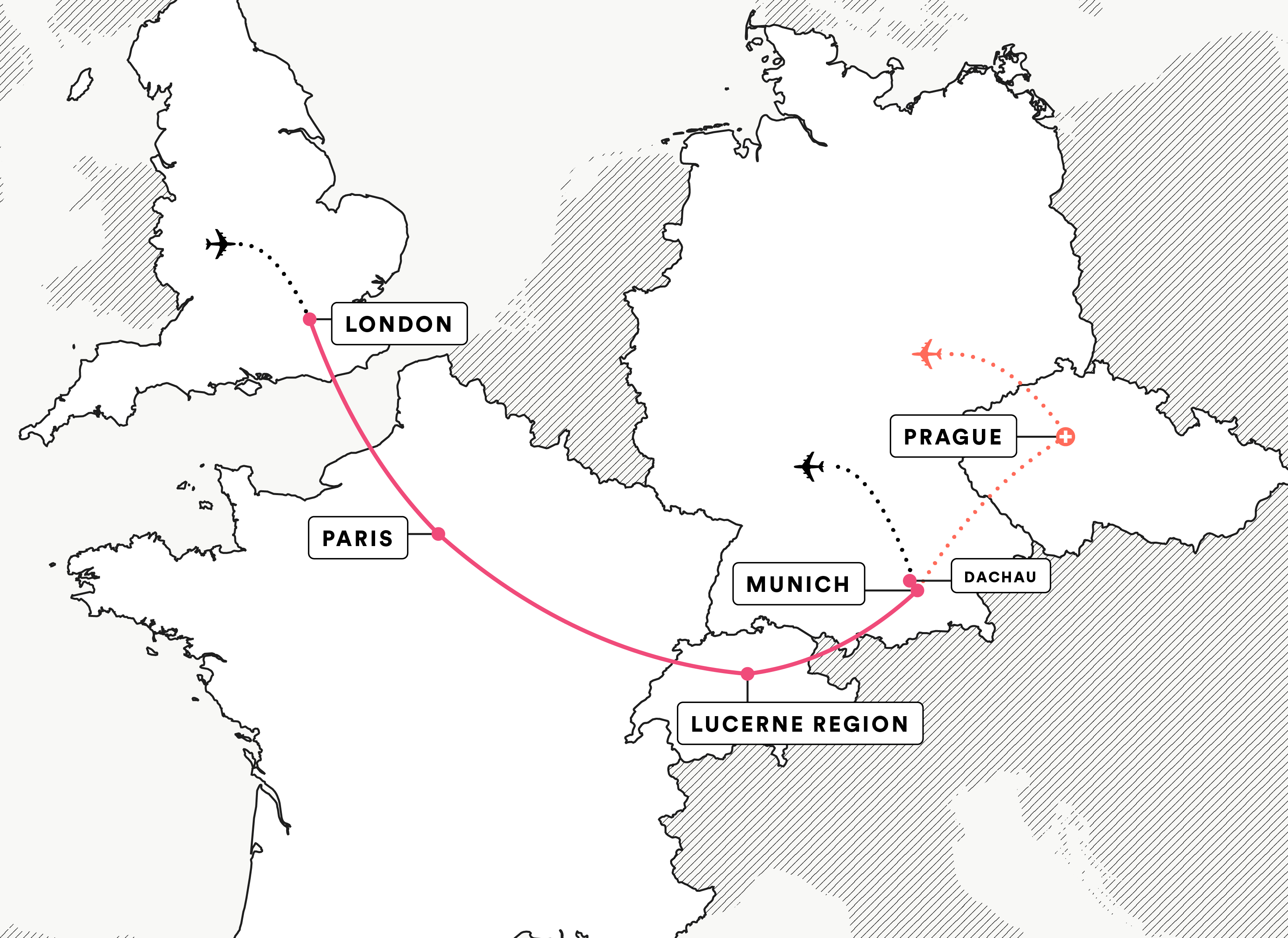 London, Paris and the Alps route map