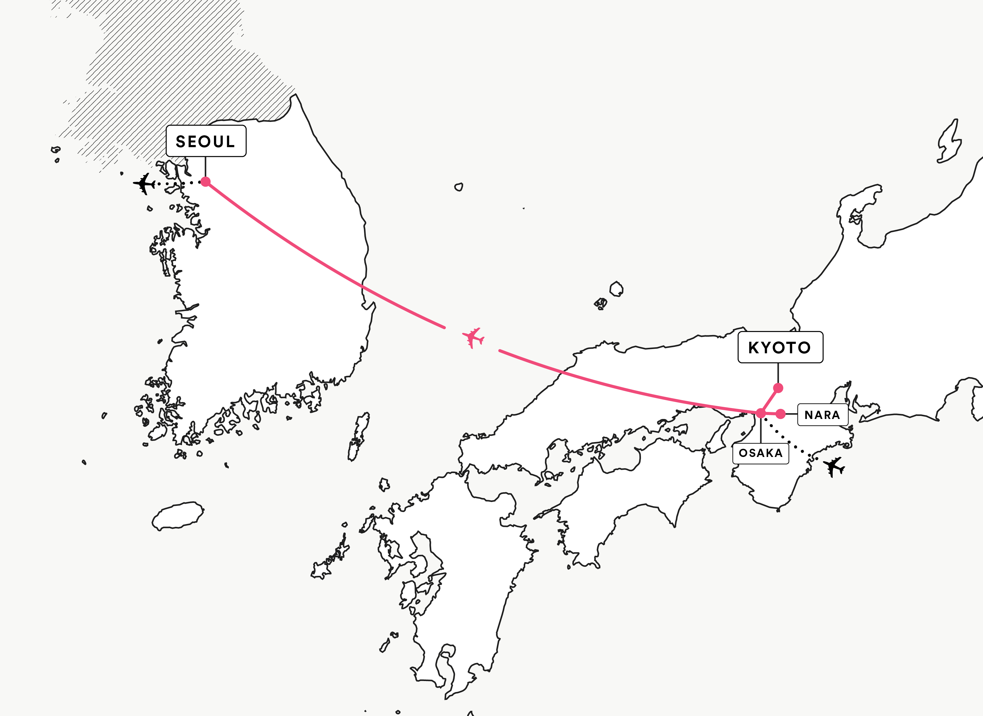 Route map for tour from Seoul to Osaka and Kyoto Japan