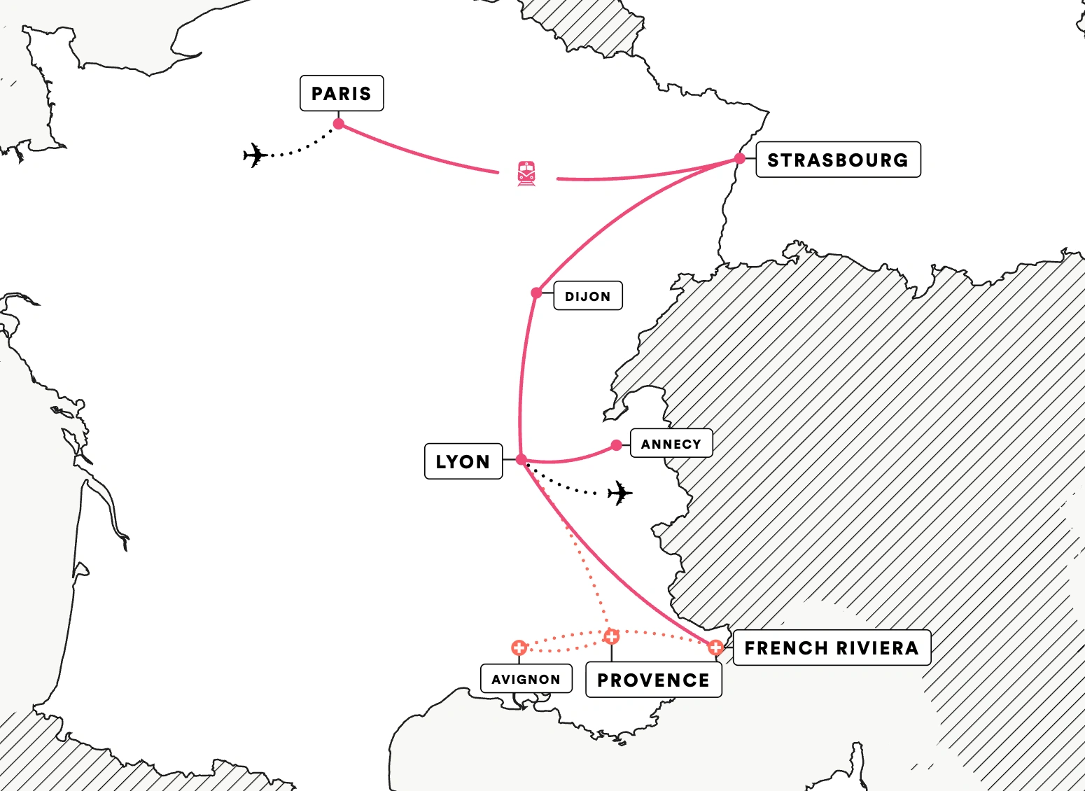Paris, Strasbourg & Lyon route map