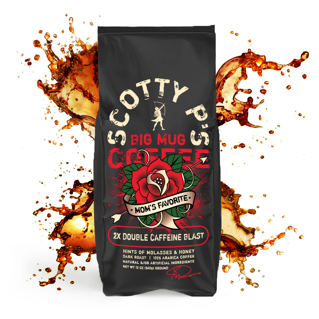 Graphic of a coffee bag with cream and red letters on it with coffee splashing out of the bag in front of a white background