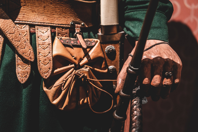 Close-up on a Medieval style clothing and a leather pouch