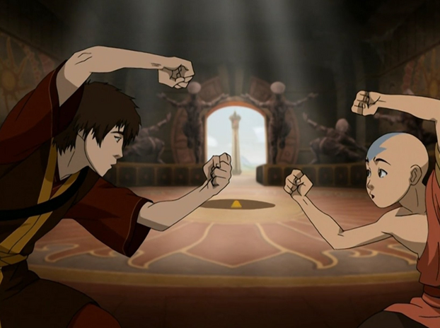 Zuko and Aang looking at each other and holding their arms up
