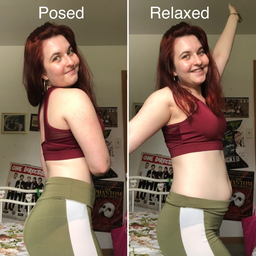 Woman doing the Posed vs. Relaxed photo trend from Instagram.