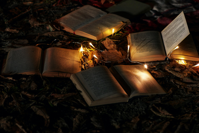 books and fairy lights on the ground with leaves