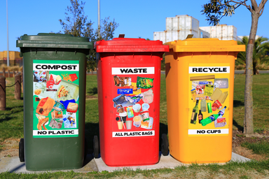 compost, waste, and recycling bins