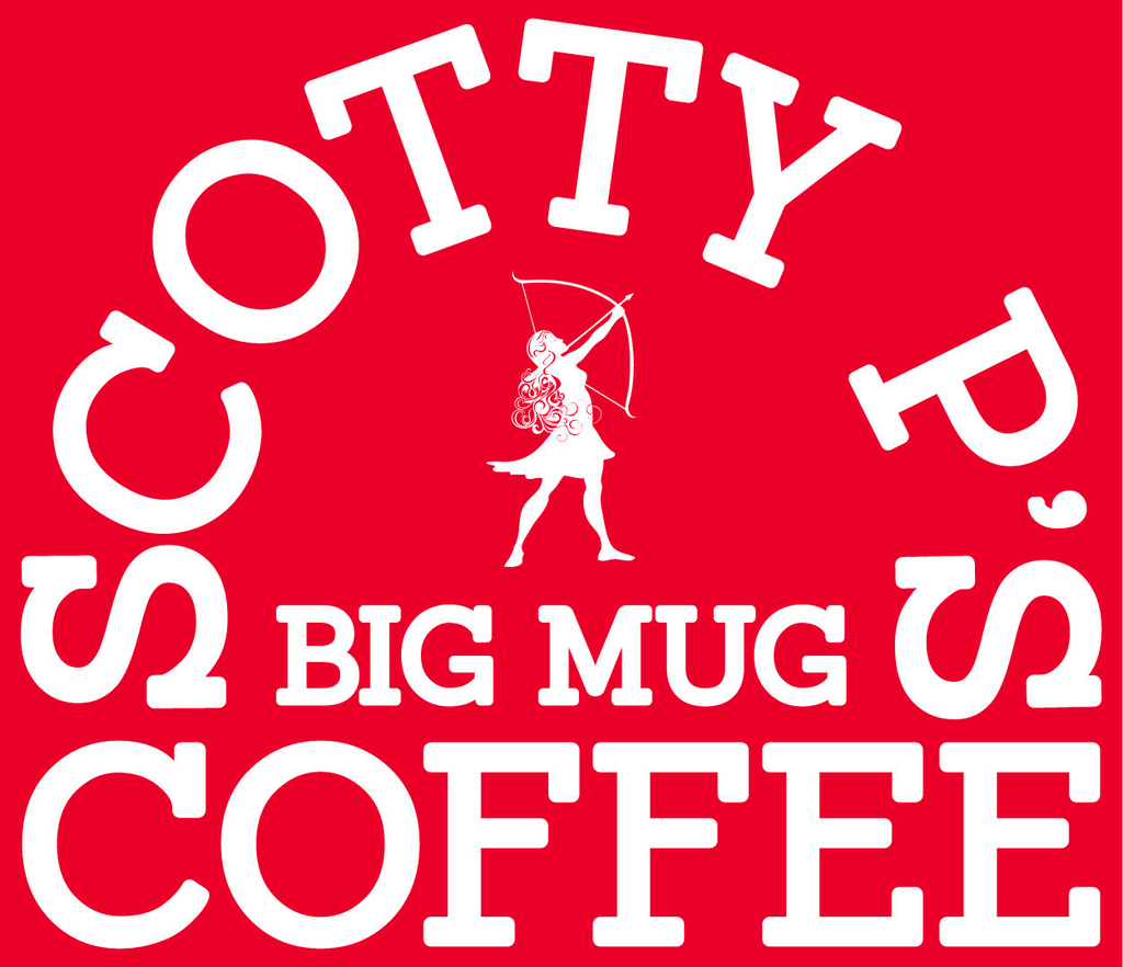 Red and white logo with the words \