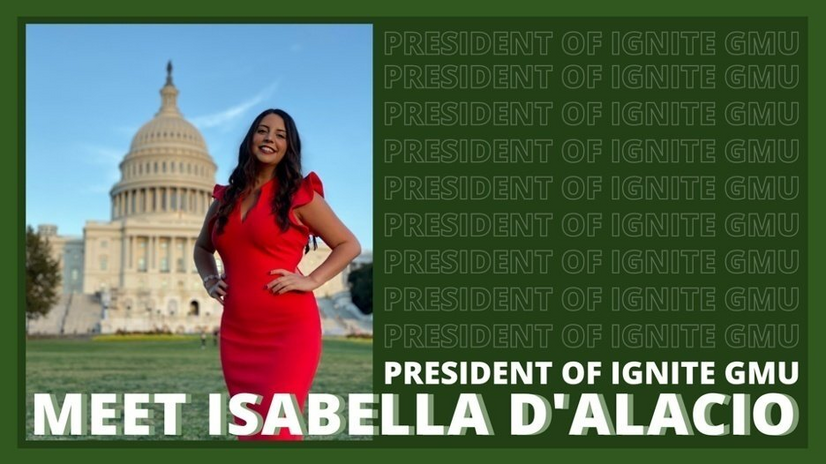 photo of a woman on a green background that says \"president of Ignite GMU\"