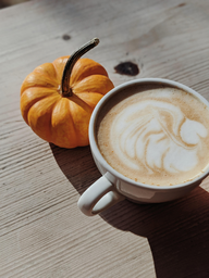 pumpkin spice latte with pumpkin next to it