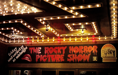 Shot of Rocky Horror Picture Show opening night marquee sign.
