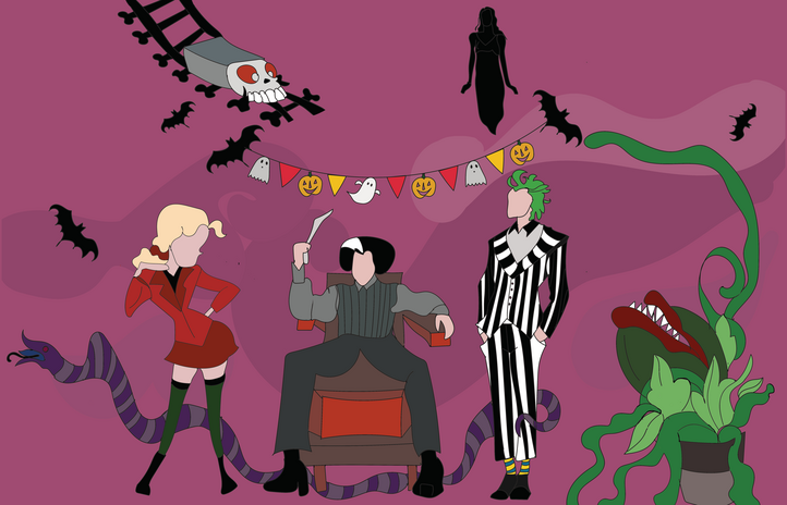 Halloween graphic feautring beetlejuice, heathers and sweeny todd