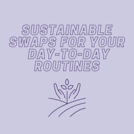 Purple Background with white text \"Sustainable Swaps for Your Day-to-Day Routines\" and a sustainability logo in dark purple