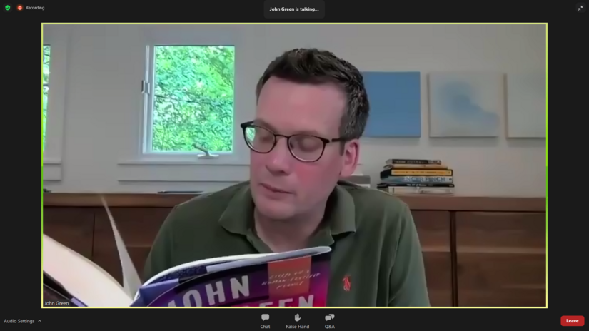 Screenshot of John Green taken via Zoom during a leg of his book tour for \"The Anthropocene Reviewed\"