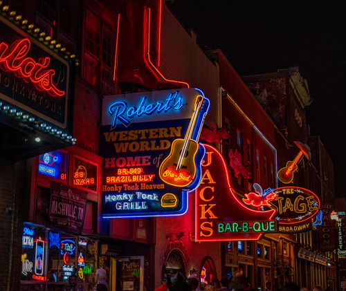 Colorful signs at night in Nashville, Tennessee