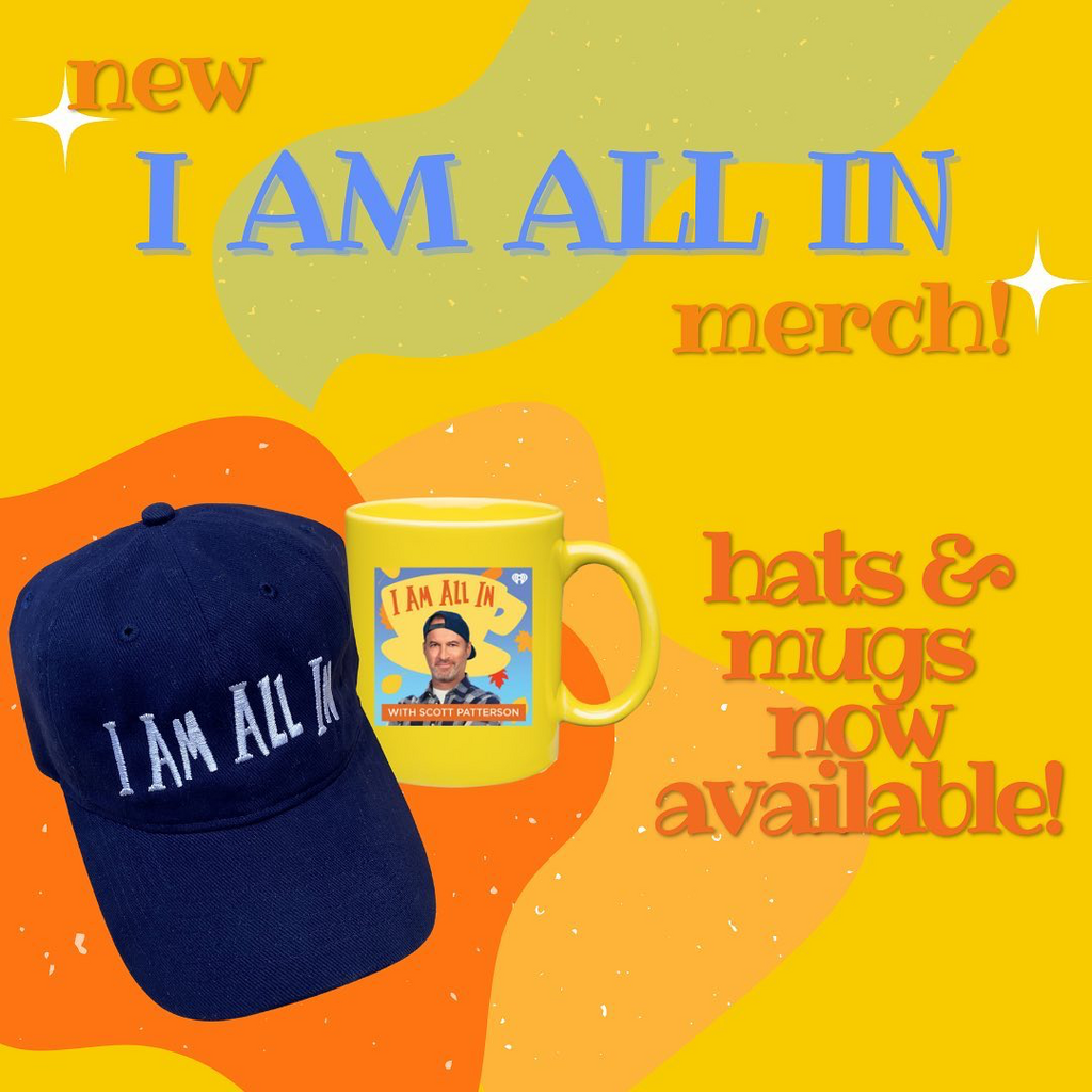 Graphic of a blue hat with white writing and a yellow mug with a logo on it in front of a background with yellow, orange and green colour with words written in orange and blue
