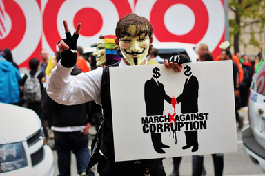 person wearing a guy fawkes mask at a protest