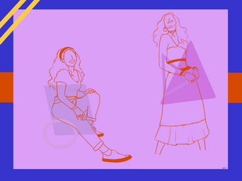Illustrations of women outlined in orange against purple background, wearing 2000s clothes.