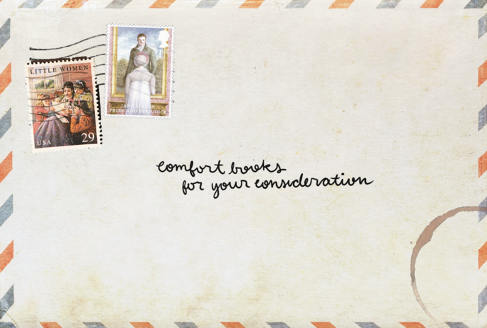 The back of an envelope with stamps of Pride and Prejudice and Little Women