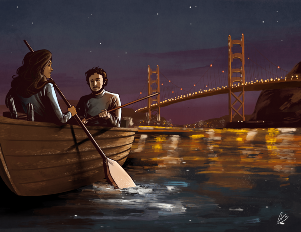 digital painting of canoeing in front of the Golden Gate Bridge