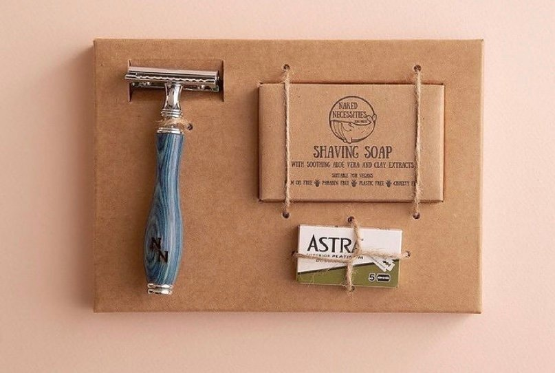 Image is of a reusable razor set for men that is sustainable
