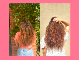 Before and after shots for a pink hair dye product.