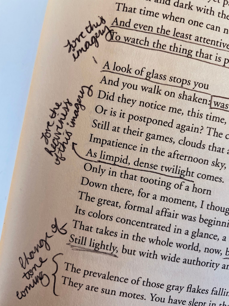 Close-up of annotations inside the poetry book Self Portrait In A Convex Mirror