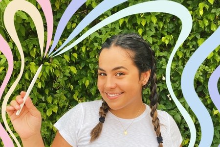 colorful graphic of gabi and her design pen