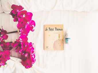 Book Le Petit Prince with pink flowers and essential oils on a white background