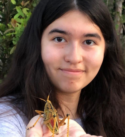 Girl with long, dark hair holding a big grasshopper on the palm of her hand