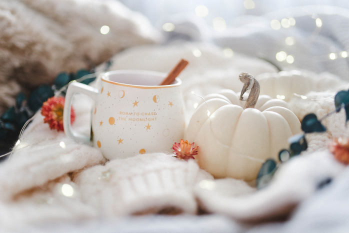 white ceramic coffee mug with white pumpkin by Paige Cody