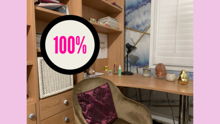At-home study space with an icon that reads \"100%\"