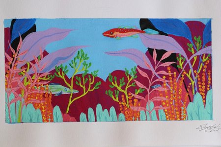 Colorful fish tank, white borders, signature on the bottom right corner