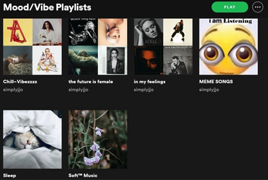 Screenshot of author's Spotify playlists ("Mood/Vibe playlists")