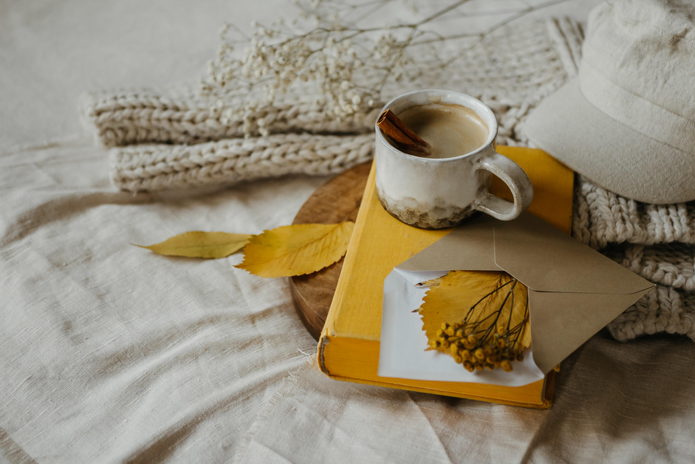 Coffee mug, book, yellow envelope, hat, leaves, blanket, and a plant on a bed.