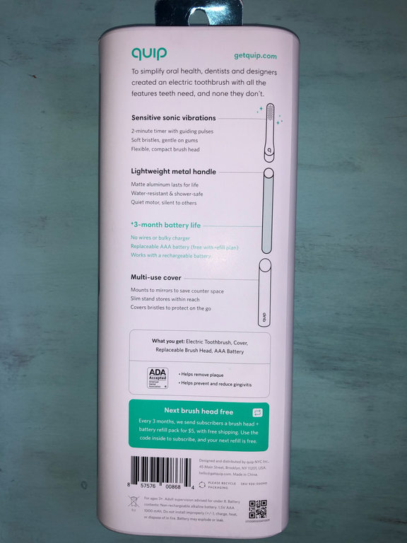 Quip Toothbrush Package Back