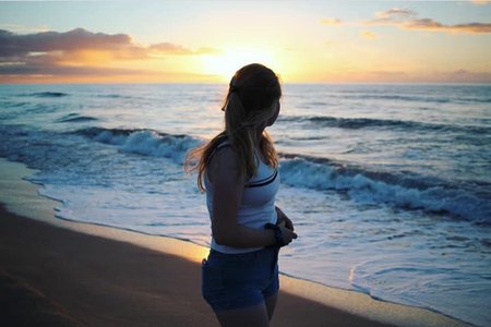 sunset beach girl ocean water sky nature peaceful