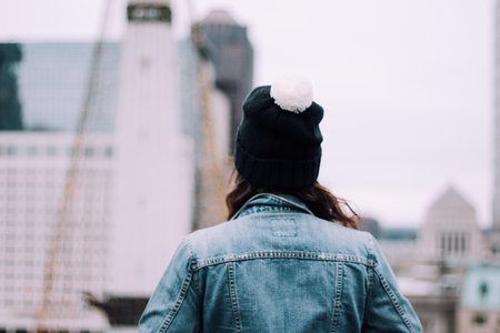 Jean Jacket With Pom Pom Beanie In The City 1