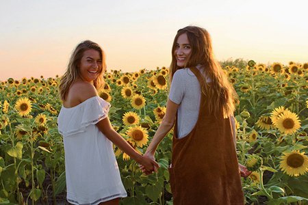 Maria Scheller-Best Friends Holding Hands Sunflower Field Dresses Summer Happy Sunset
