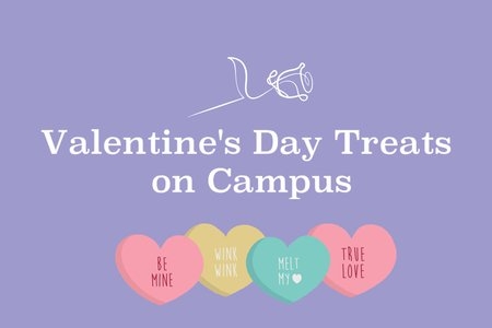 Purple background with images of candy hearts and a white rose. White text that says "Valentine's Day Treats on Campus"