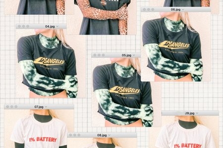 This is an image of a collage of nine photos of a girl wearing a tshirt and turtleneck.