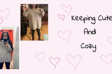Collage of two photos of girls in sweater dress and skirt.