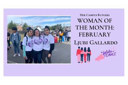 Photo of three women at a campus fair included in a graphic for the Rutgers chapter's February woman of the month article that was created by the writer.