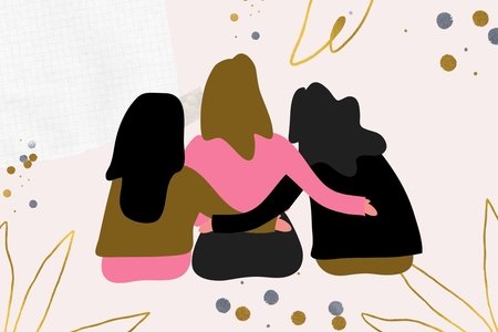 three animated girls with their arms around each other sitting down