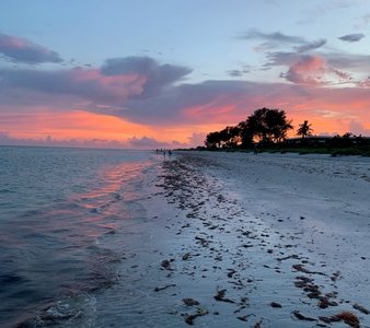 footprints in the sand with sunset
